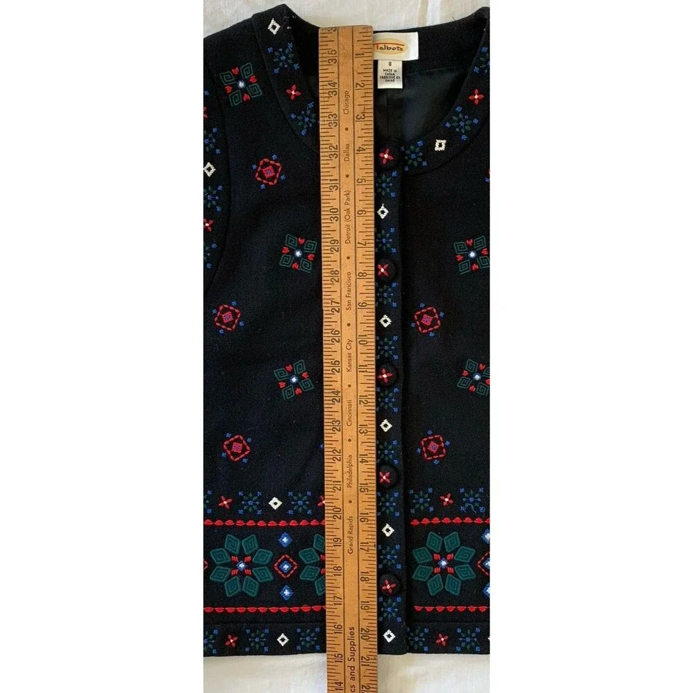 Vintage Talbots Embroidered Wool Blend Christmas Vest Small Black Festive Snow